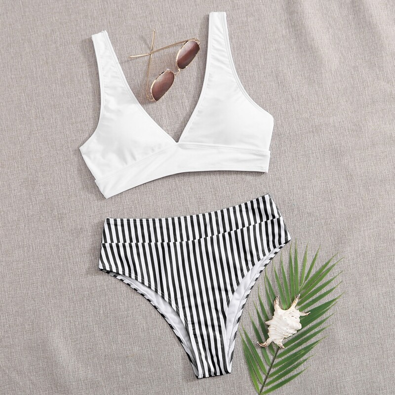 

Striped High Waisted Bikini Swimsuit, Black and white