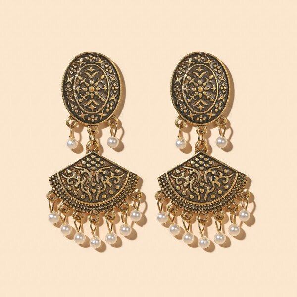 

Faux Pearl Tassel Geometric Drop Earrings, Gold