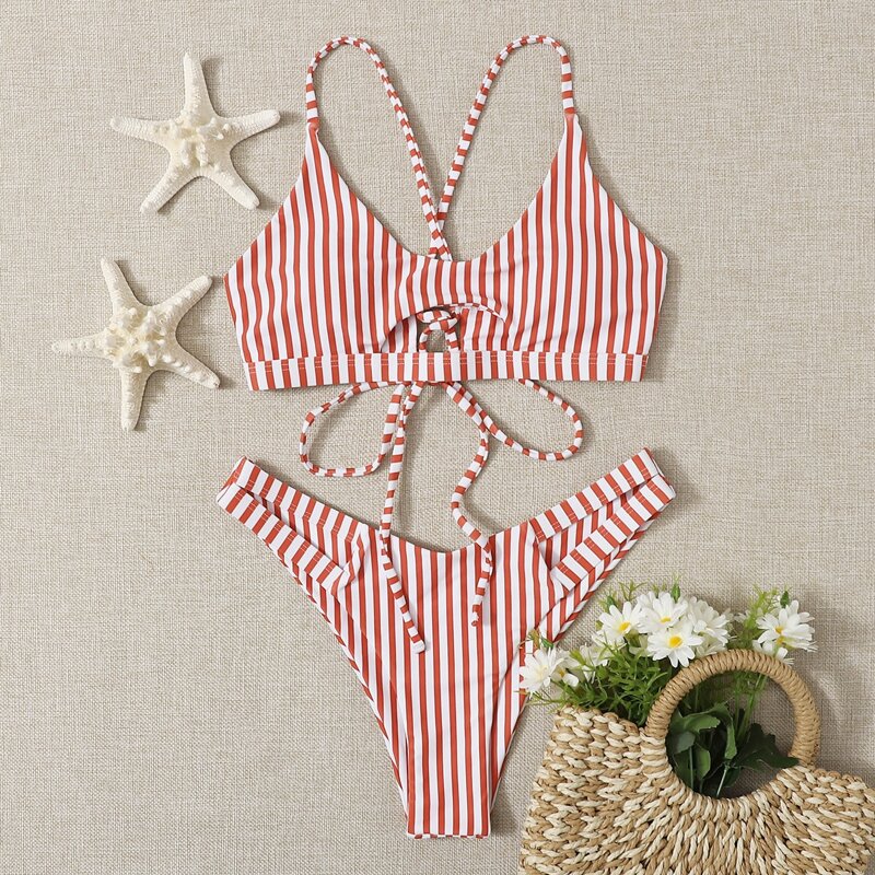 

Striped Cut-out Bikini Swimsuit, Red and white