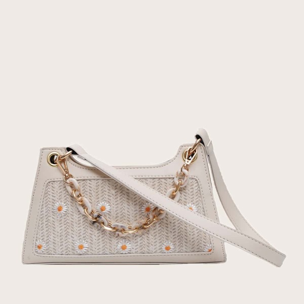 

Daisy Floral Graphic Braided Bag, White