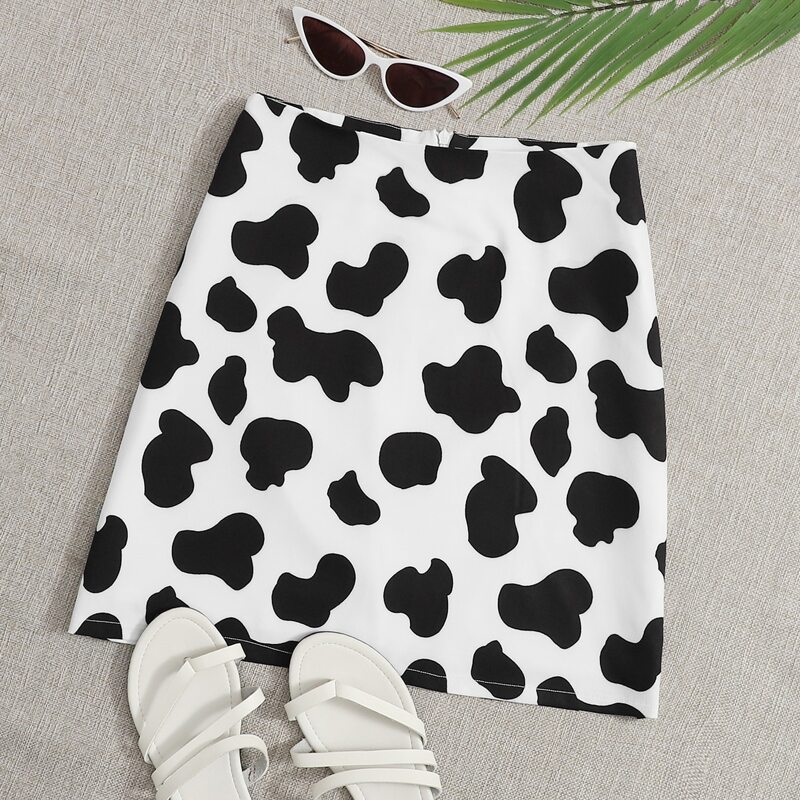 

Zip Back Cow Print Skirt, Black and white