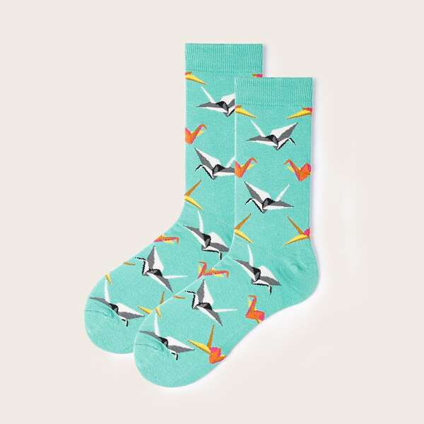 

Men Bird Pattern Socks, Green