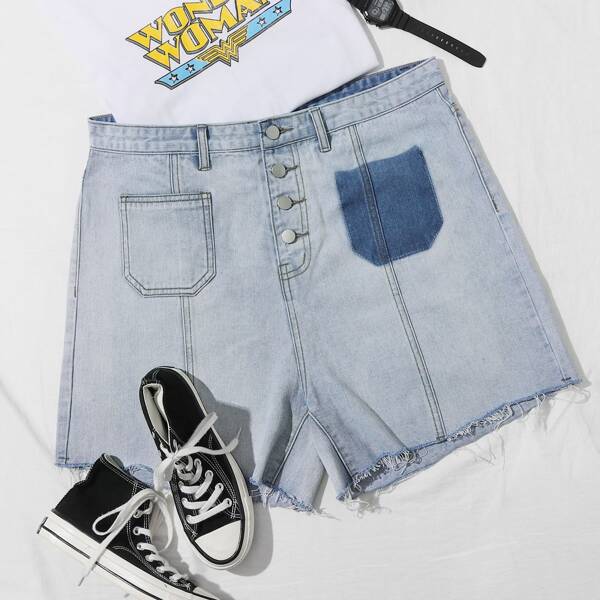 

Plus Raw Hem Button Front Denim Shorts, Light wash