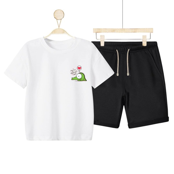 

Boys Cartoon Crocodile And Slogan Graphic Tee & Shorts, Black and white