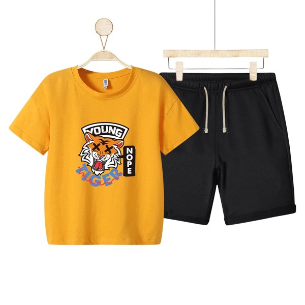 

Boys Cartoon And Letter Graphic Tee & Shorts, Multicolor