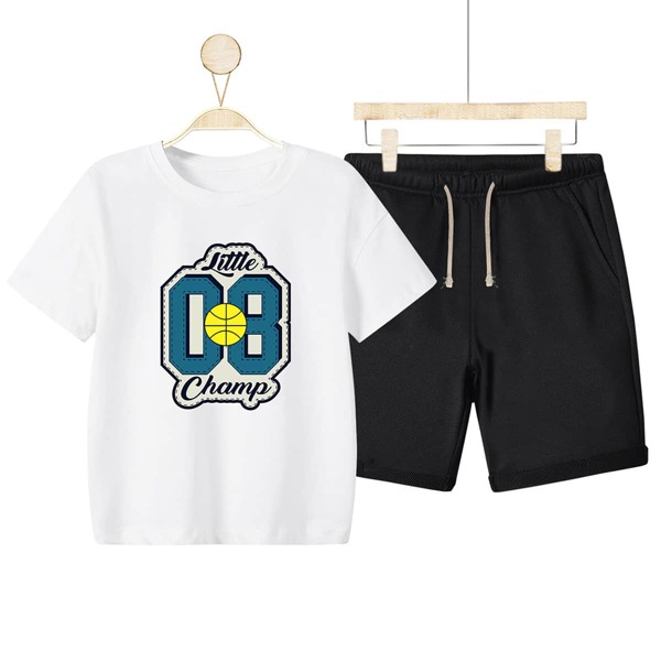 

Boys Slogan And Graphic Tee & Shorts, Black and white