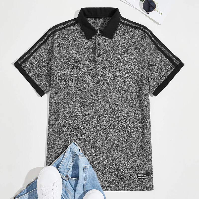 

Guys Contrast Tape Patch Detail Polo Shirt, Dark grey