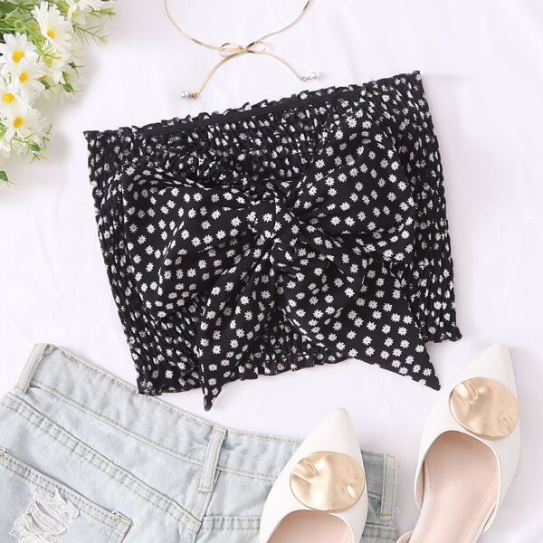 

Ditsy Floral Shirred Tie Front Tube Top, Black