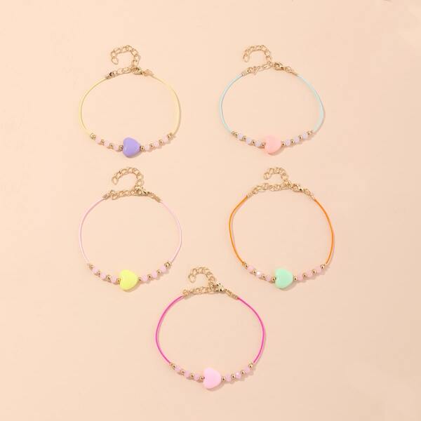 

5pcs Girls Heart Bead String Bracelet, Multicolor