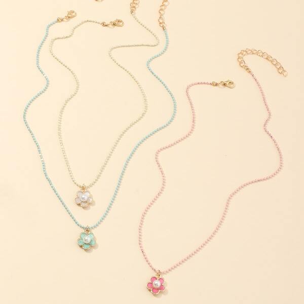 

3pcs Girls Faux Pearl Flower Charm Necklace, Multicolor