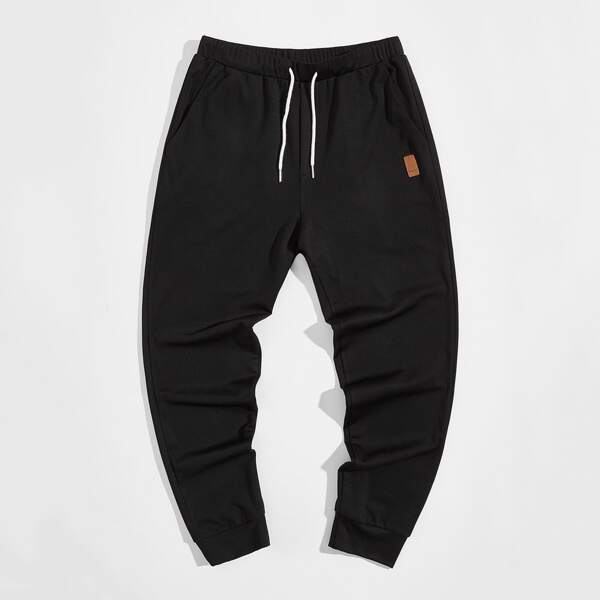 

Men Drawstring Waist Patch Detail Sweatpants, Black