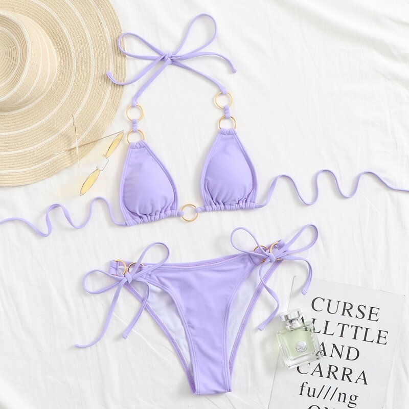 

Ring Linked Triangle Tie Side Bikini Swimsuit, Pastel lilac purple