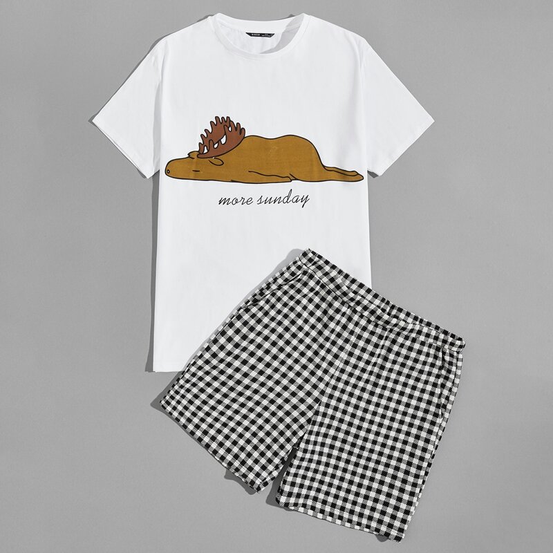 

Guys Cartoon and Letter Print Top & Buffalo Plaid Shorts PJ Set, Black and white