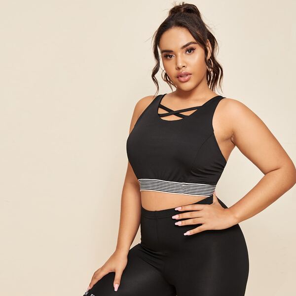 

Plus Stripe Trim Criss Cross Sports Bra, Black