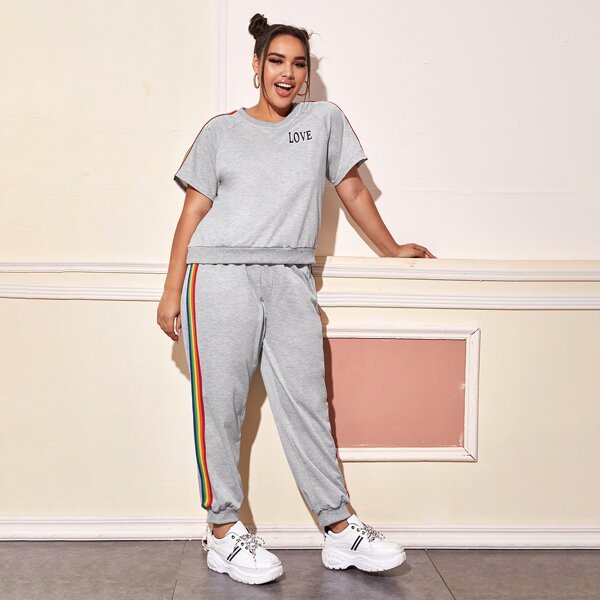 

Plus Rainbow Stripe And Letter Graphic Tee & Sweatpants, Light grey