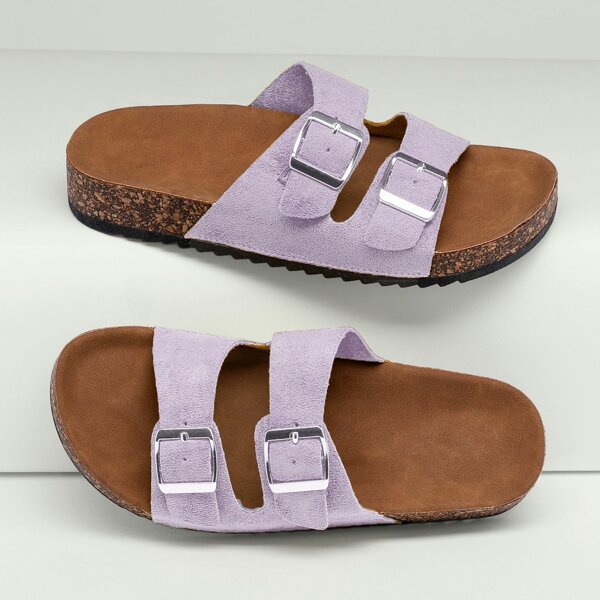 

Double Buckle Cork Footbed Sole Sandals, Lilac purple
