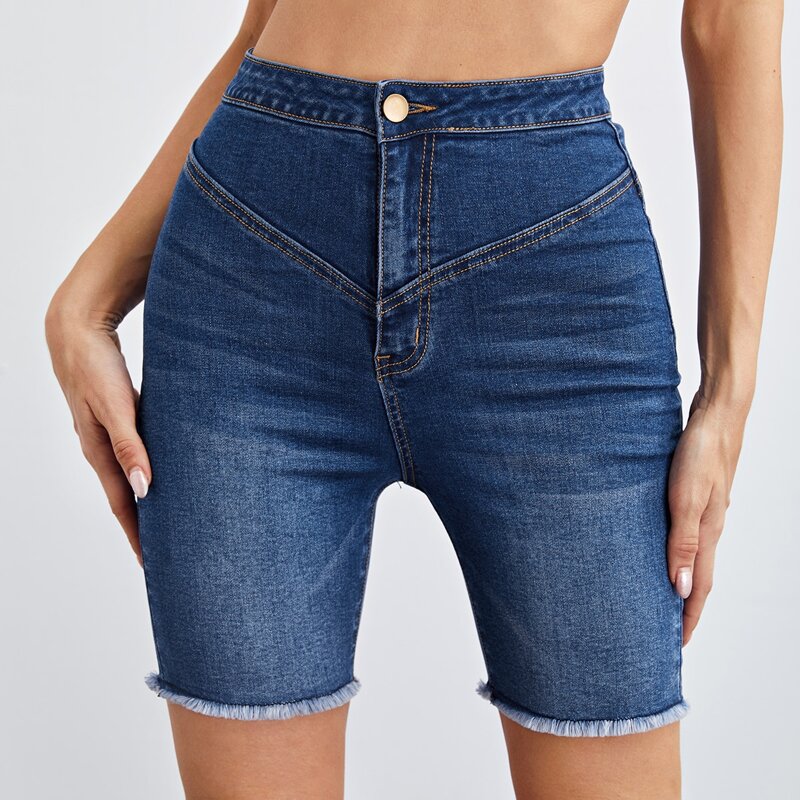 

High Waist Raw Hem Denim Shorts, Medium wash