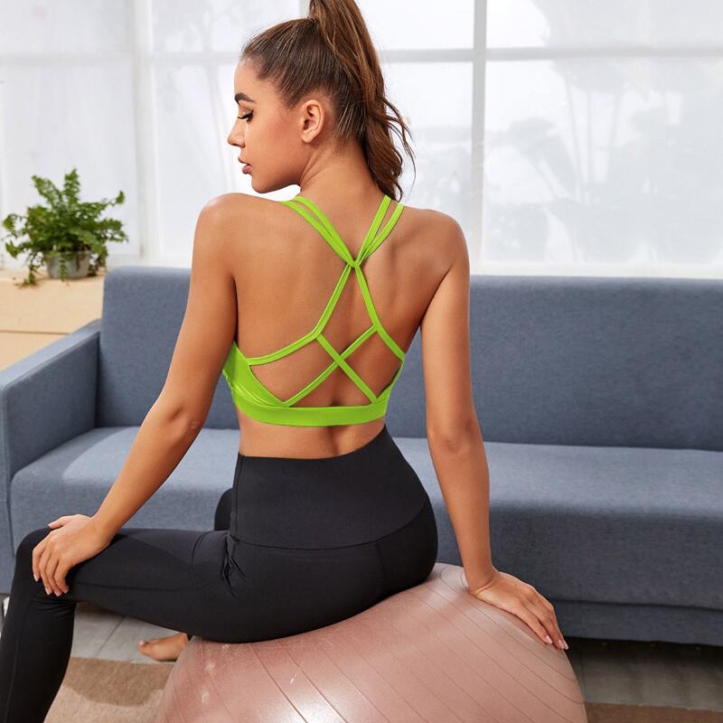 

Strappy Back Solid Sports Bra, Neon lime green