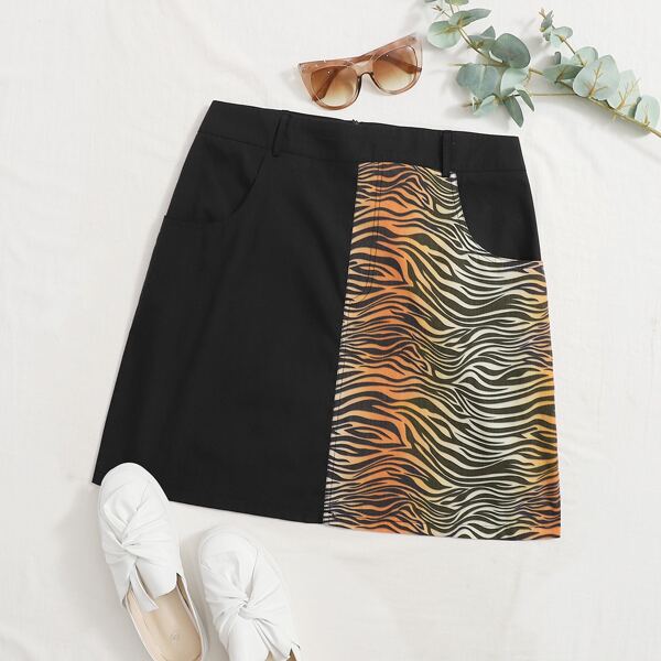 

Plus Zebra Stripe Panel Slant Pocket Skirt, Multicolor