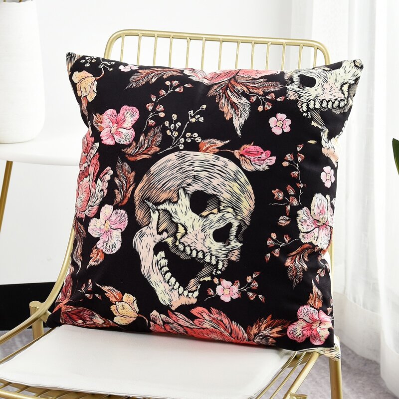 

Skull & Flower Print Cushion Cover Without Filler, Multicolor