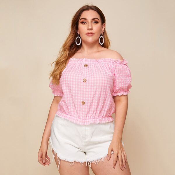

Plus Frill Trim Gingham Button Up Bardot Blouse, Baby pink