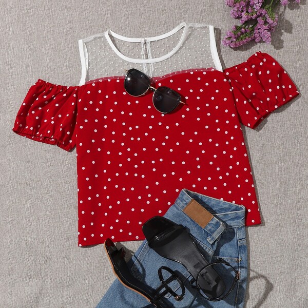 

Mesh Panel Polka Dot Cold Shoulder Blouse, Red