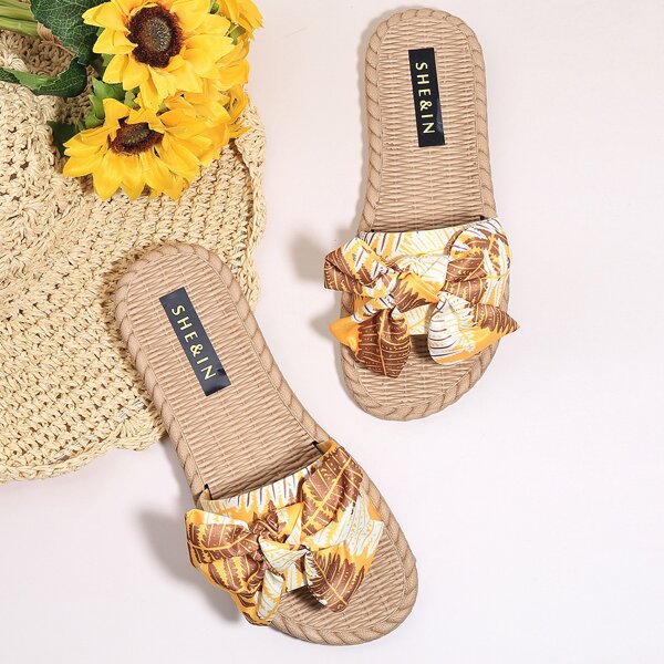 

Bow Decor Leaf Graphic Slide Sandals, Yellow