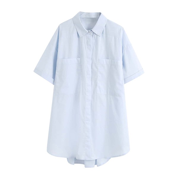 

Shirred Back Curved Hem Tunic Blouse, Pastel baby blue