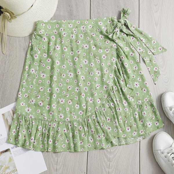 

Ditsy Floral Tie Side Ruffle Wrap Skirt, Green