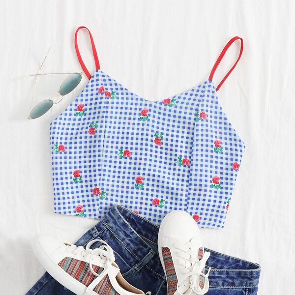 

Rose And Gingham Shirred Back Cami Top, Blue and white