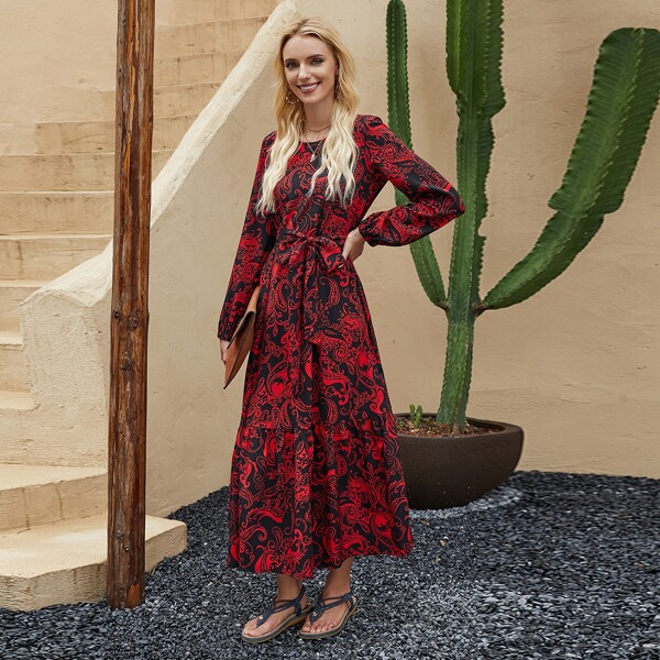 

Paisley Print Ruffle Hem Belted Dress, Multicolor