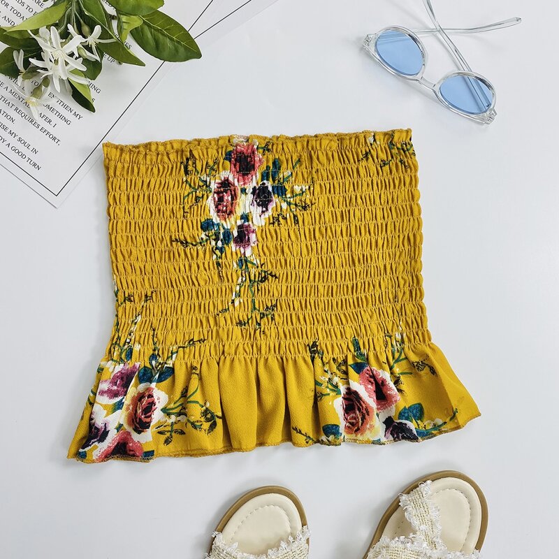 

Floral Shirred Ruffle Tube Top, Yellow