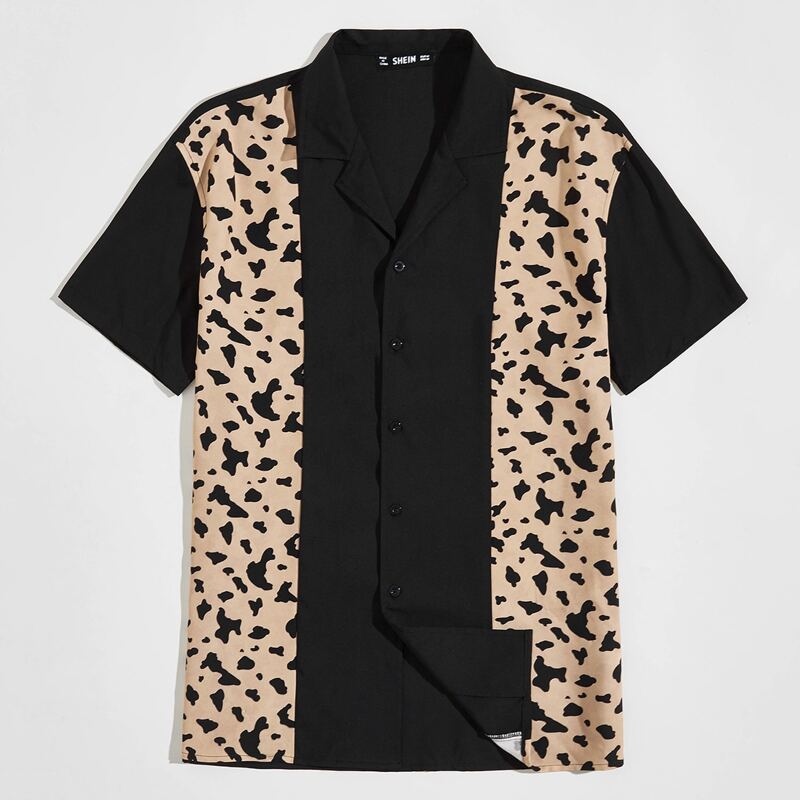 

Guys Leopard Print Panel Revere Collar Shirt, Black