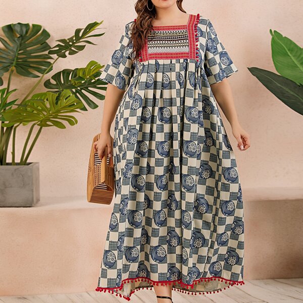 

Plus Aztec & Ball Print Pom Pom Smock Dress, Multicolor