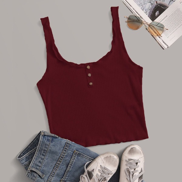 

Button Front Lettuce Edge Crop Top, Maroon