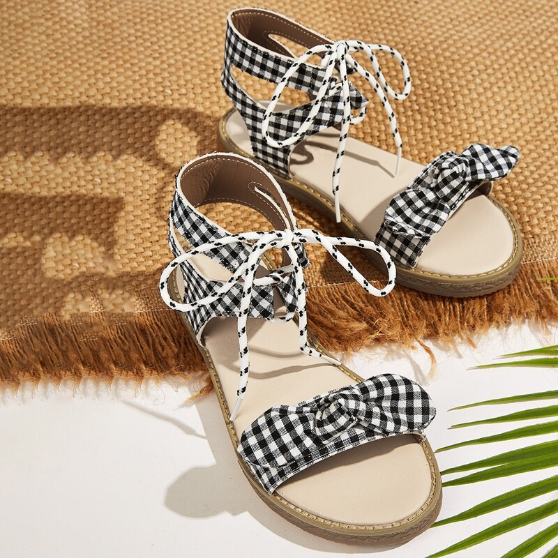 

Gingham Bow Lace-up Sandals, Multicolor