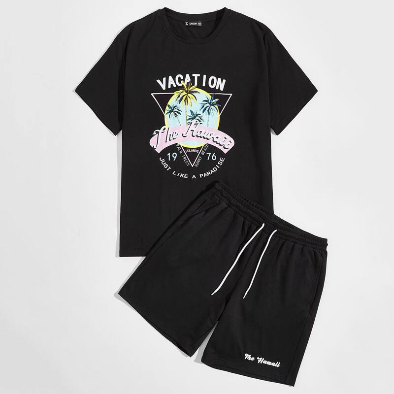 

Guys Letter Graphic Top & Track Shorts Set, Black