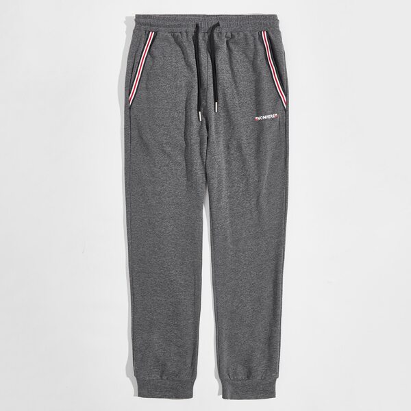 

Men Letter Graphic Striped Tape Detail Sweatpants, Dark grey