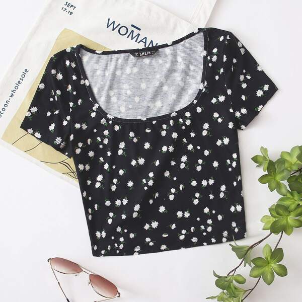 

Floral Print Rib-knit Crop Top, Black