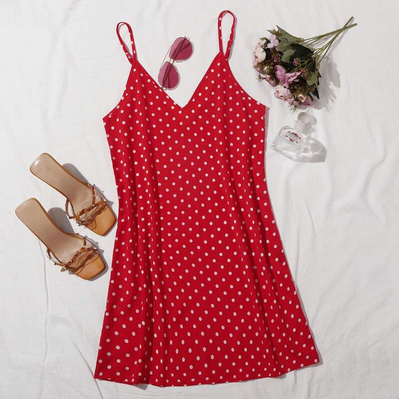 

Double V-Neck Polka Dot Cami Dress, Red