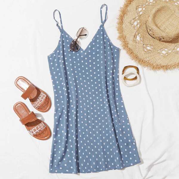 

Double V-Neck Polka Dot Cami Dress, Dusty blue