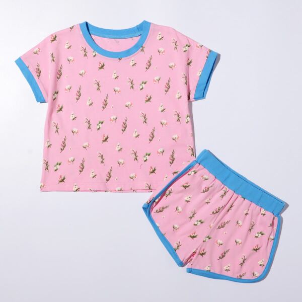 

Toddler Girls Floral Contrast Binding PJ Set, Baby pink