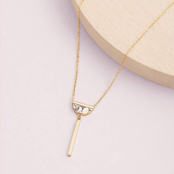 

Bar Pendant Marble Detail Long Lariat Necklace, Gold