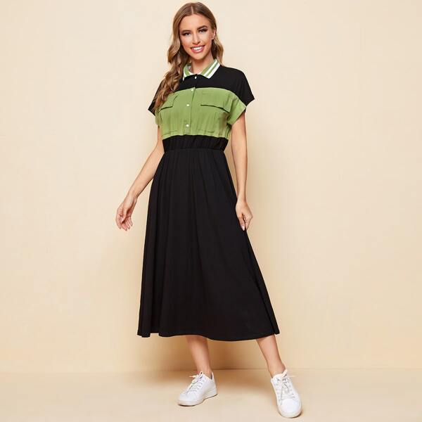 

Striped Collar Flap Pocket Colorblock Dress, Black