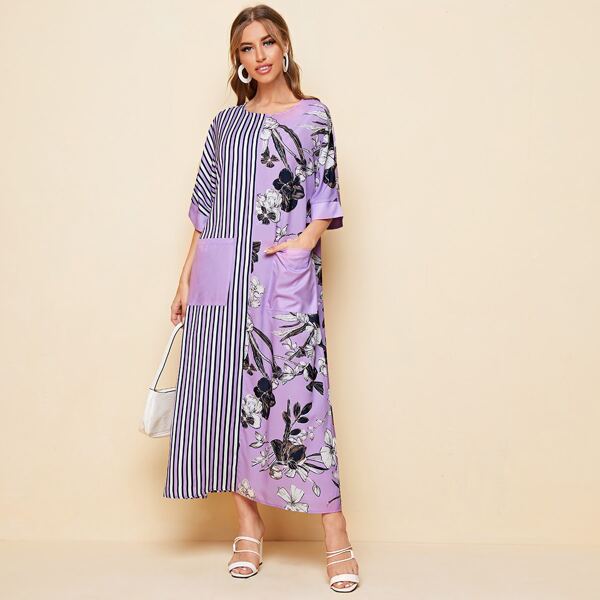 

Striped & Floral Print Pocket Patched Tunic Dress, Lilac purple