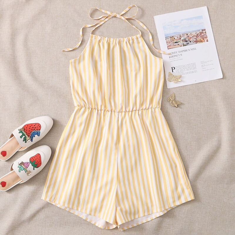 

Striped Halter Romper, Yellow