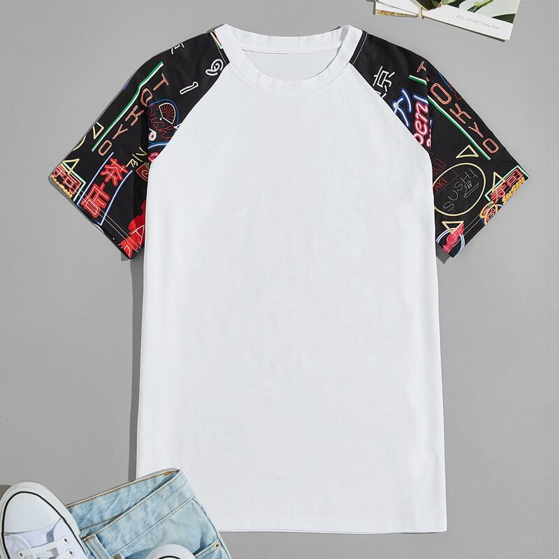 

Guys Letter Graphic Contrast Sleeve Baseball Tee, White