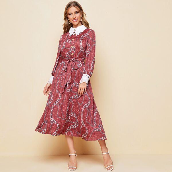 

Contrast Lace Detail Belted Chain Print Dress, Rose red
