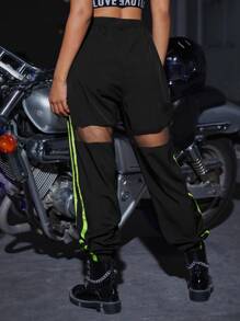 SHEIN ICON Bikercore Side Stripe Mesh Insert Sweatpants - Black - View 2