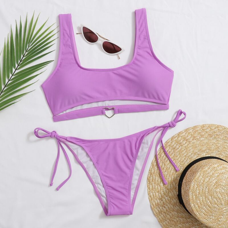 

Cut Out Tie Side Bikini Swimsuit, Violet purple